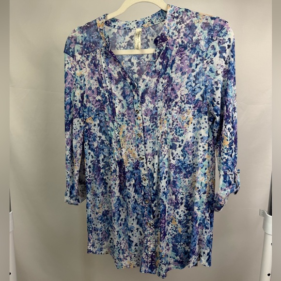 PerSeption Concept Tops - Per Seption Concept Blue Purple Floral Blouse 3/4 Sleeve Lightweight Top M